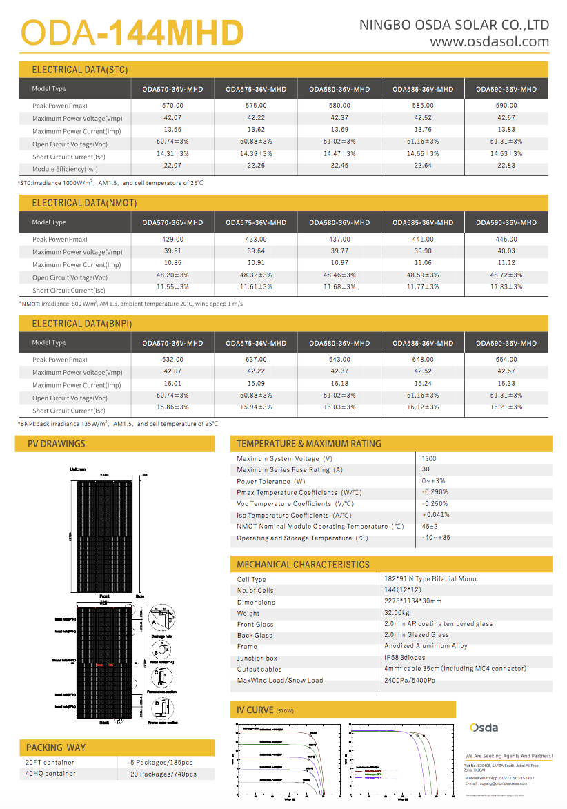 Bificial Solar Panel 580W ODA-144MHD